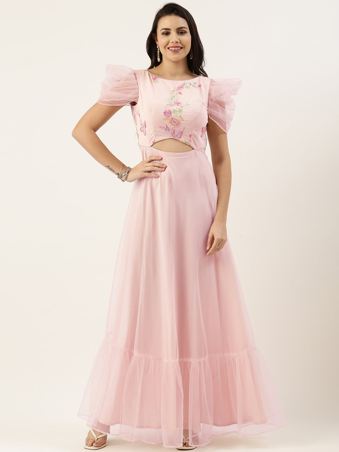 Peach Georgette Embroidered Boat Neck Gown