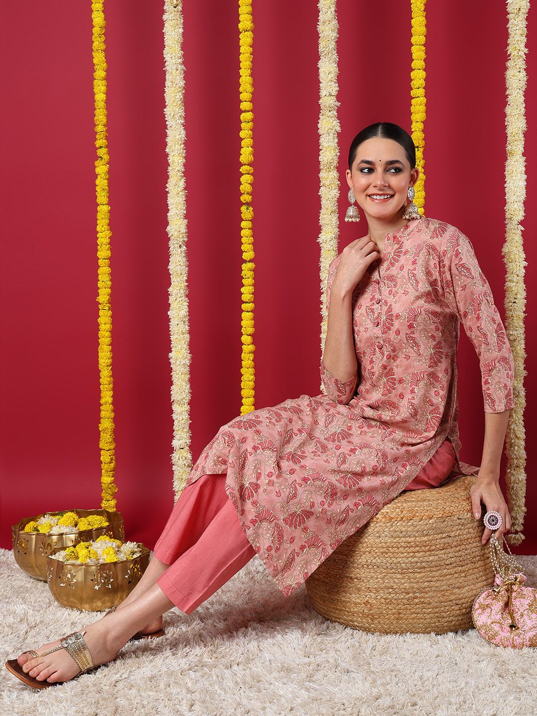 ZERESOUQ-Peach-Viscose-Rayon-Floral-Printed-Straight-Kurta