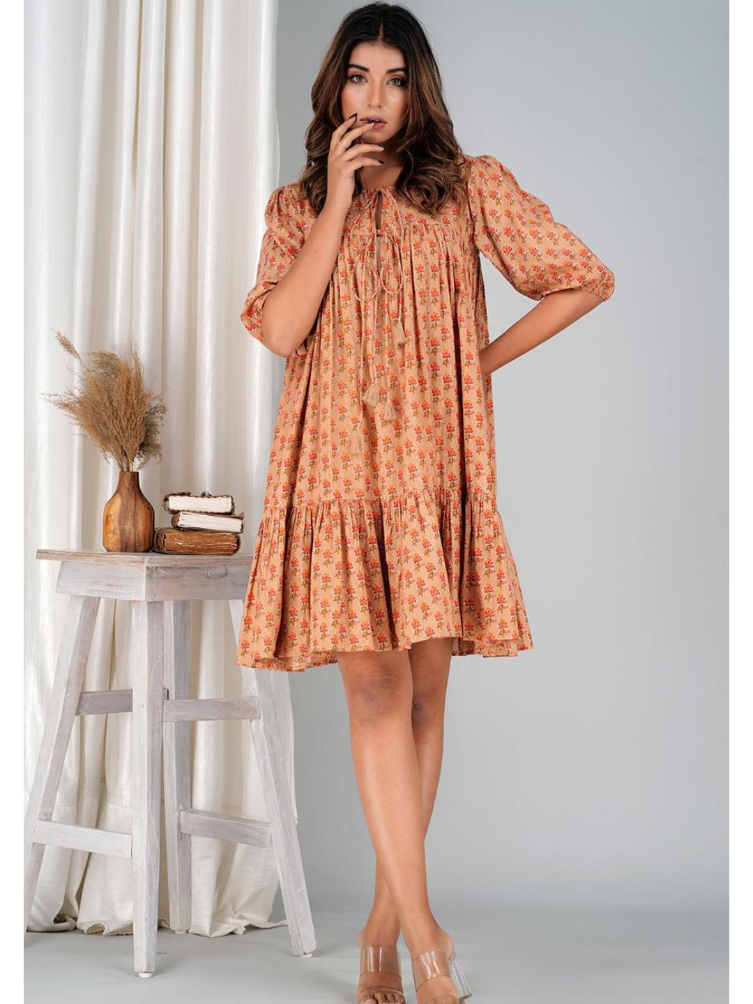 Peachy Orange Cotton Mini Tier Dress