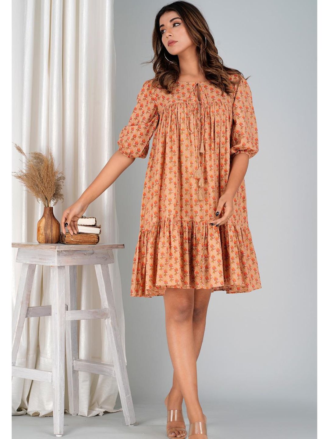 Peachy Orange Cotton Mini Tier Dress