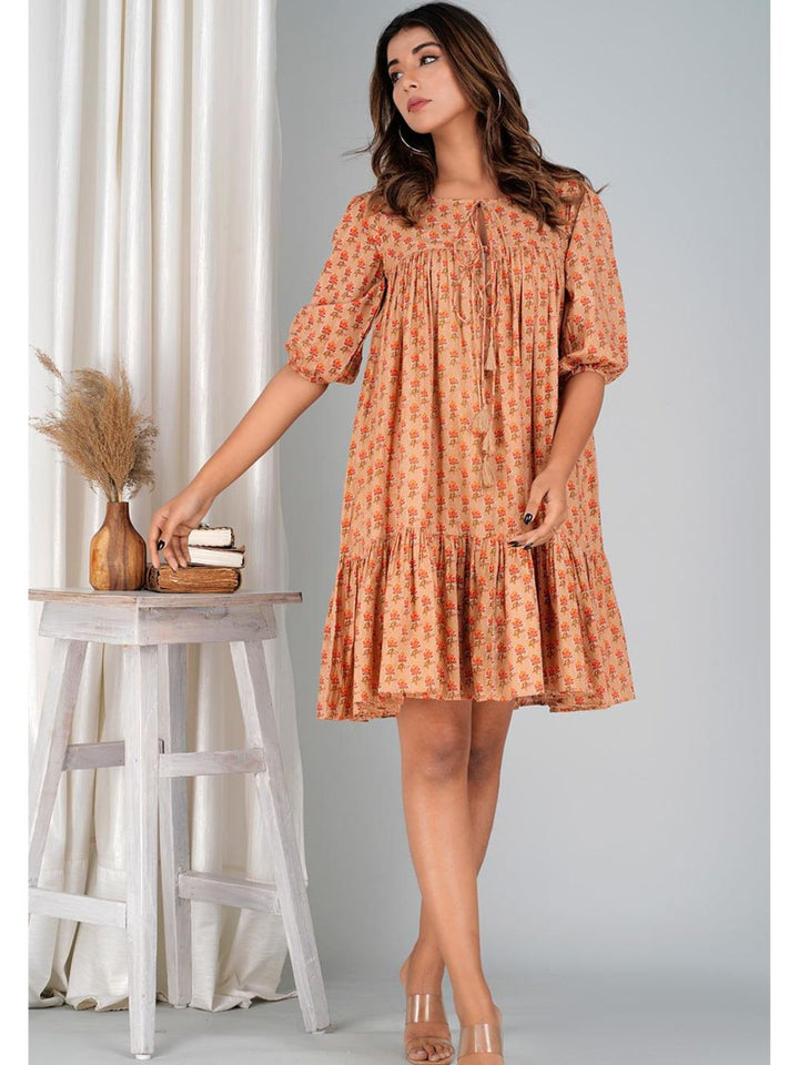 Peachy Orange Cotton Mini Tier Dress