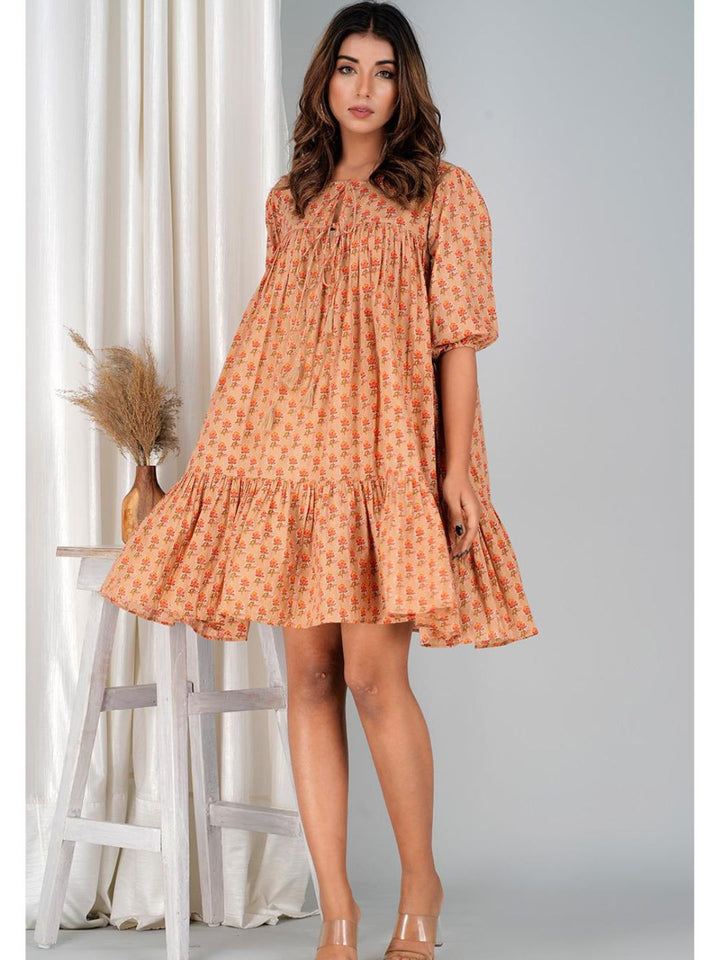 Peachy Orange Cotton Mini Tier Dress