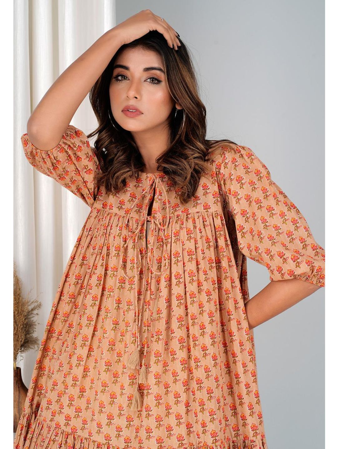 Peachy Orange Cotton Mini Tier Dress