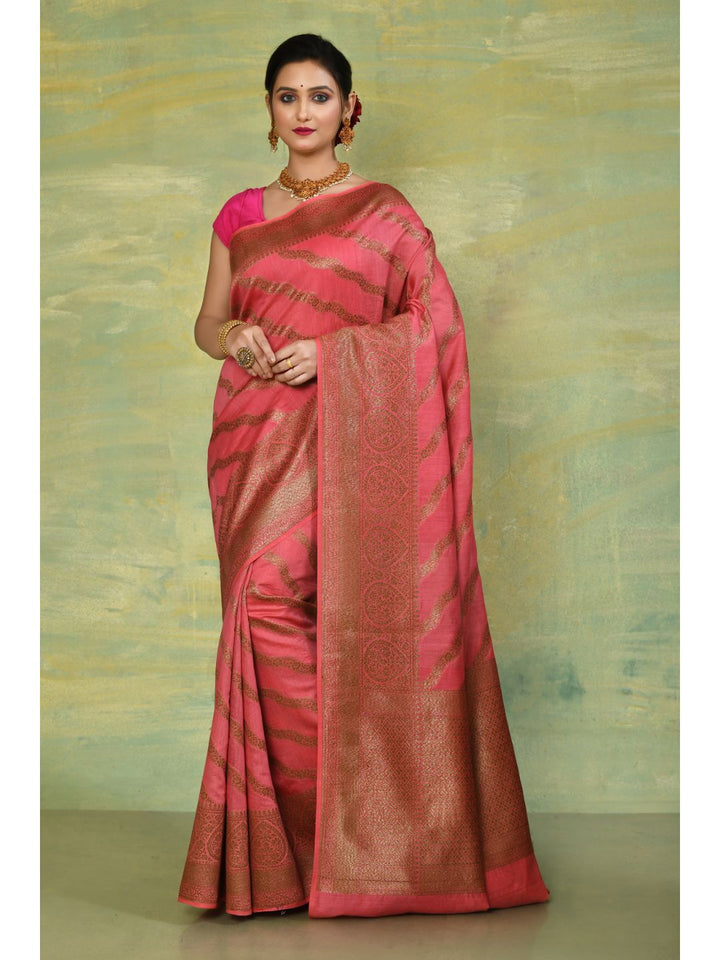 Peachy Pink Munga Silk Leheriya Banarasi Saree