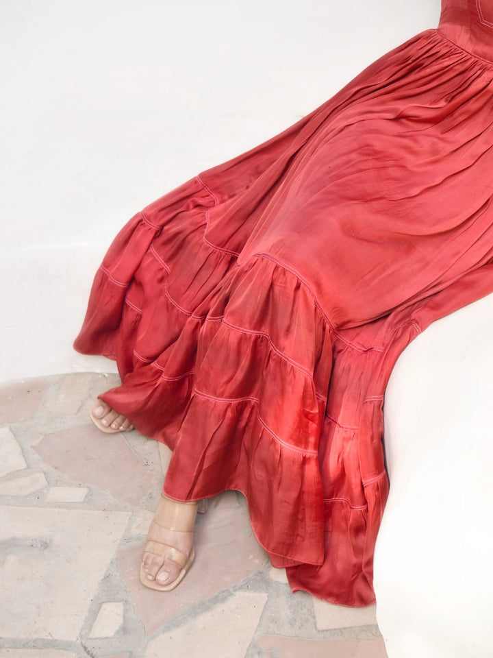Persian-Red-Plunge-Neck-Pleated-Dress