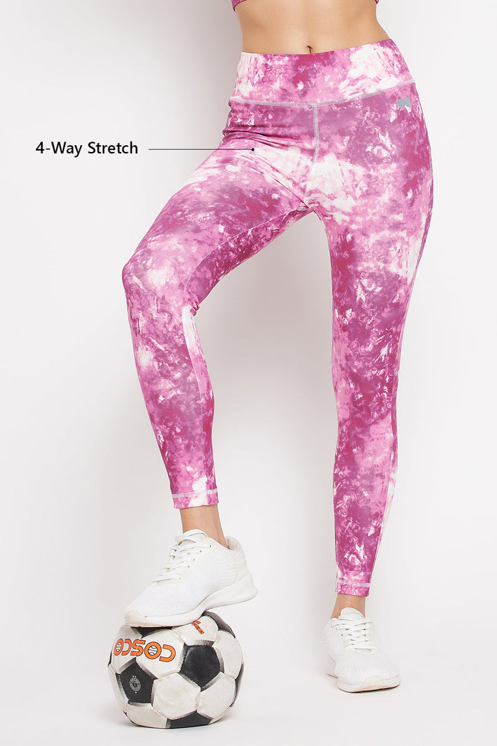Pink Ankle-Length High-Rise Active Tie-Dye Print Tights