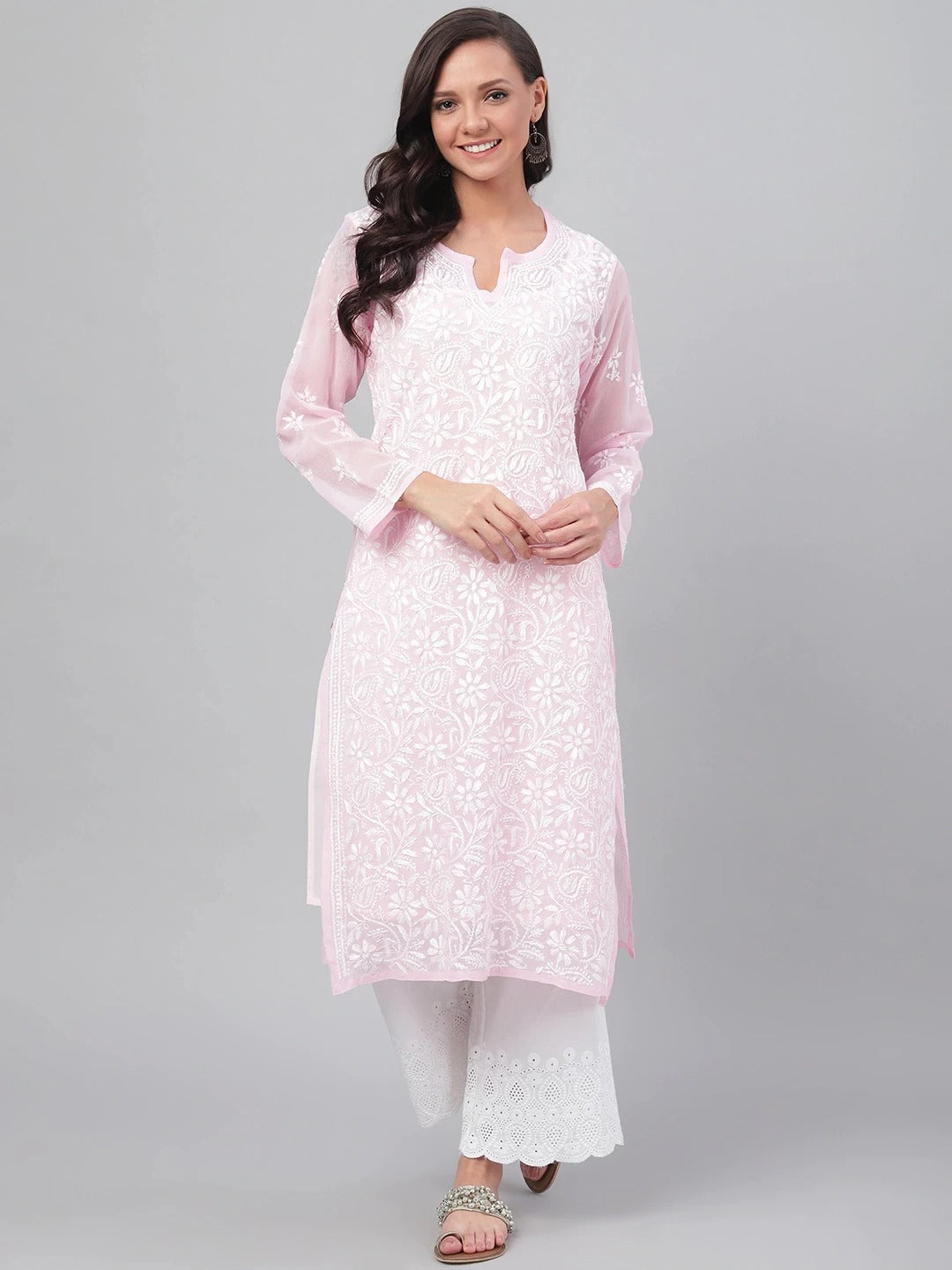 Pink-Embroidered-Chikankari-Kurta-With-Slip