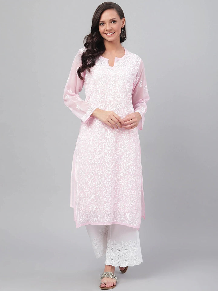 Pink-Embroidered-Chikankari-Kurta-With-Slip