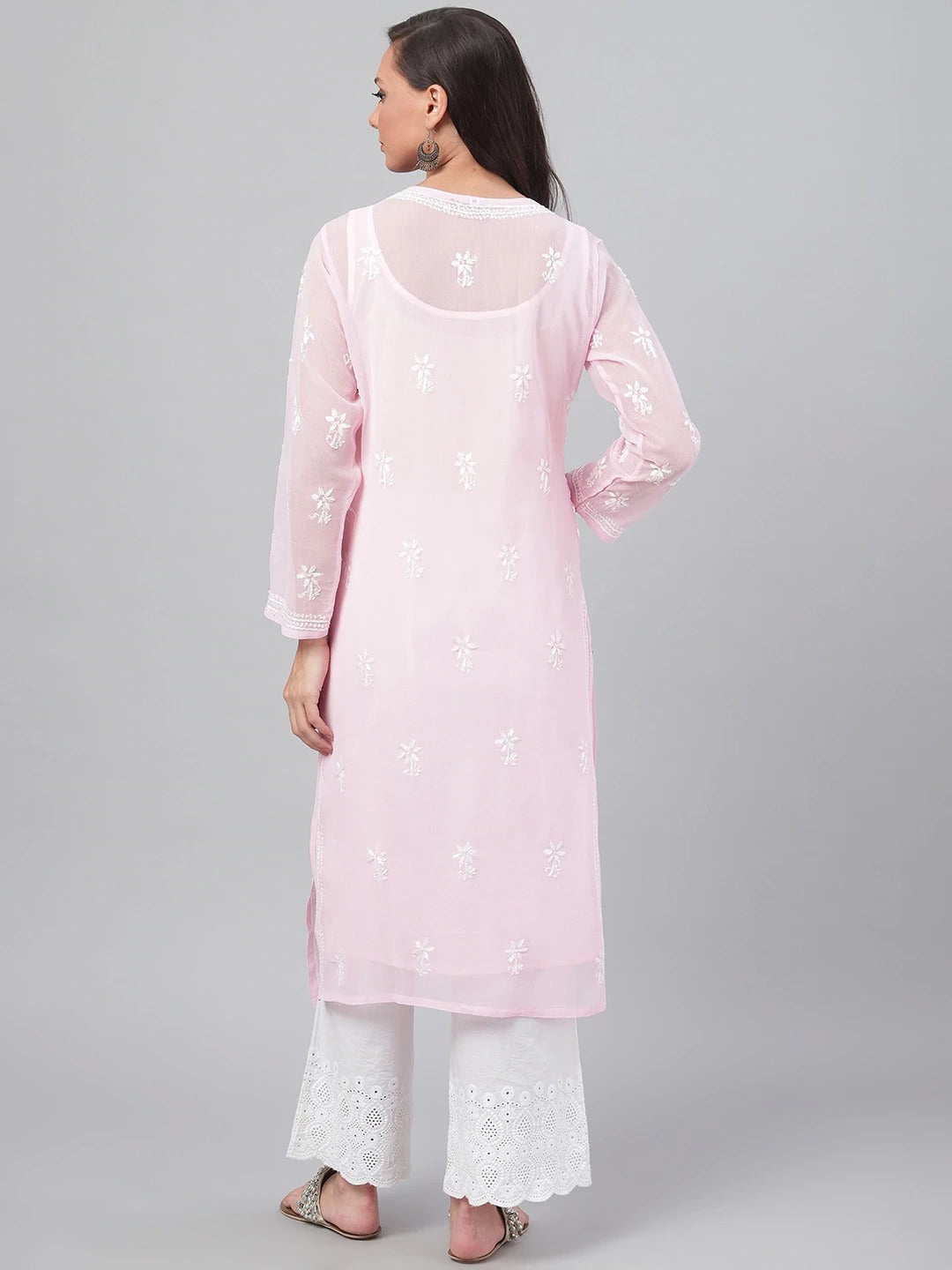 Pink-Embroidered-Chikankari-Kurta-With-Slip