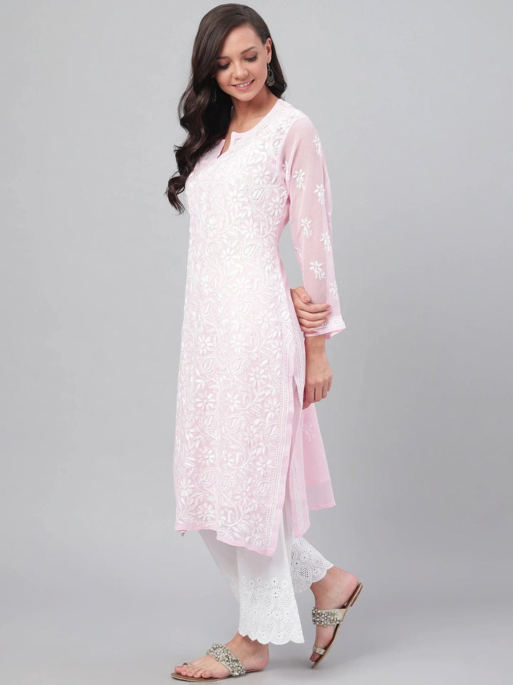 Pink-Embroidered-Chikankari-Kurta-With-Slip
