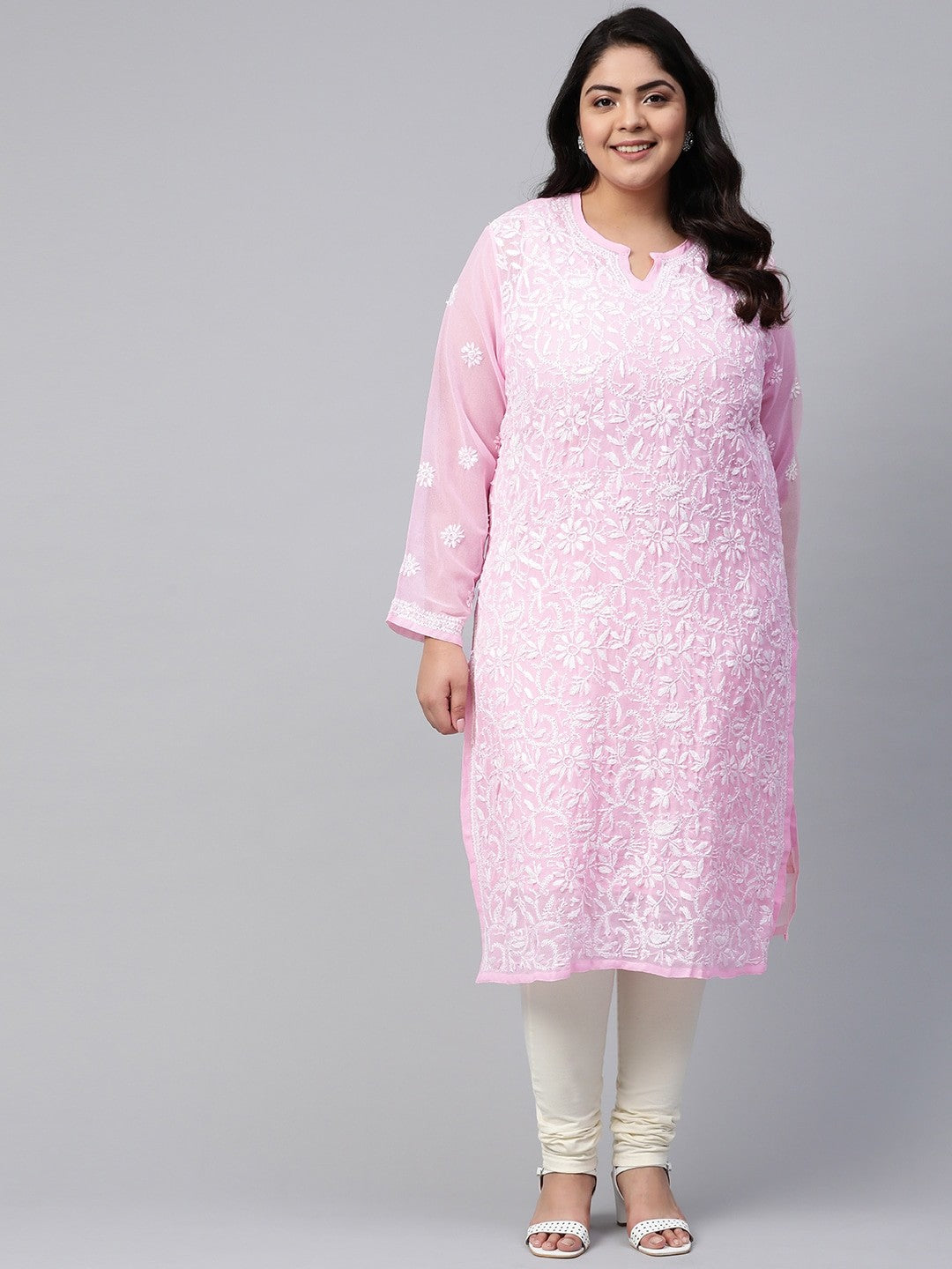 Pink-Embroidered-Chikankari-Kurta-With-Slip