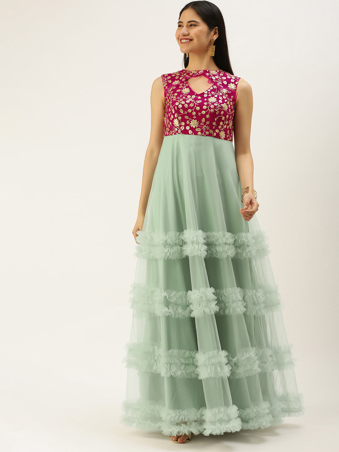 Pink-Embroidered-Chinon-&-Mint-Green-Net-Gown