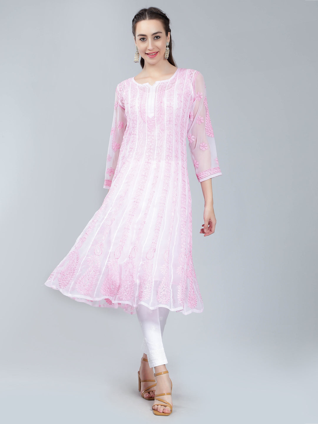 Pink-Georgette-Chikan-Anarkali-Kurta-Only