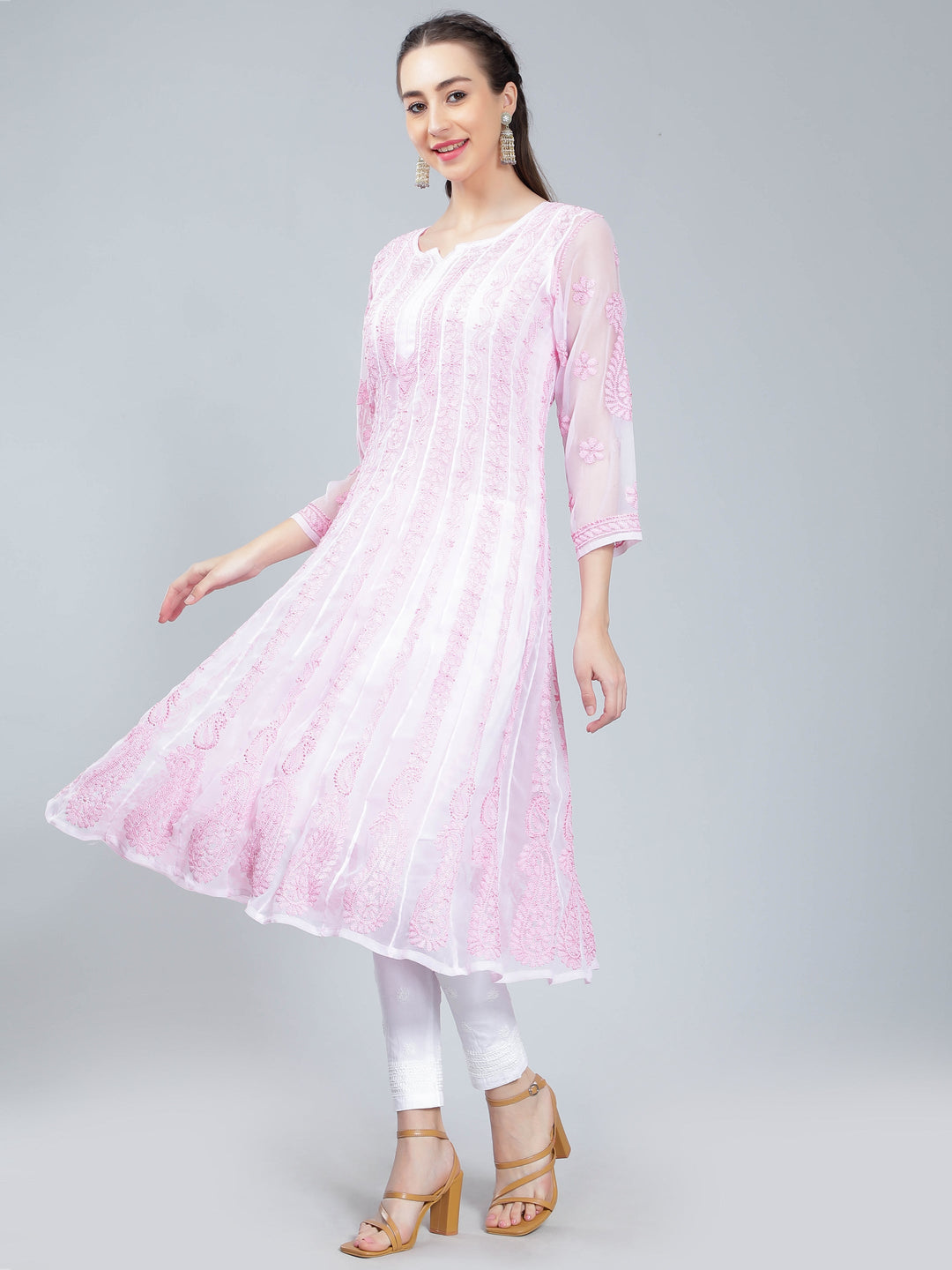 Pink-Georgette-Chikan-Anarkali-Kurta-Only