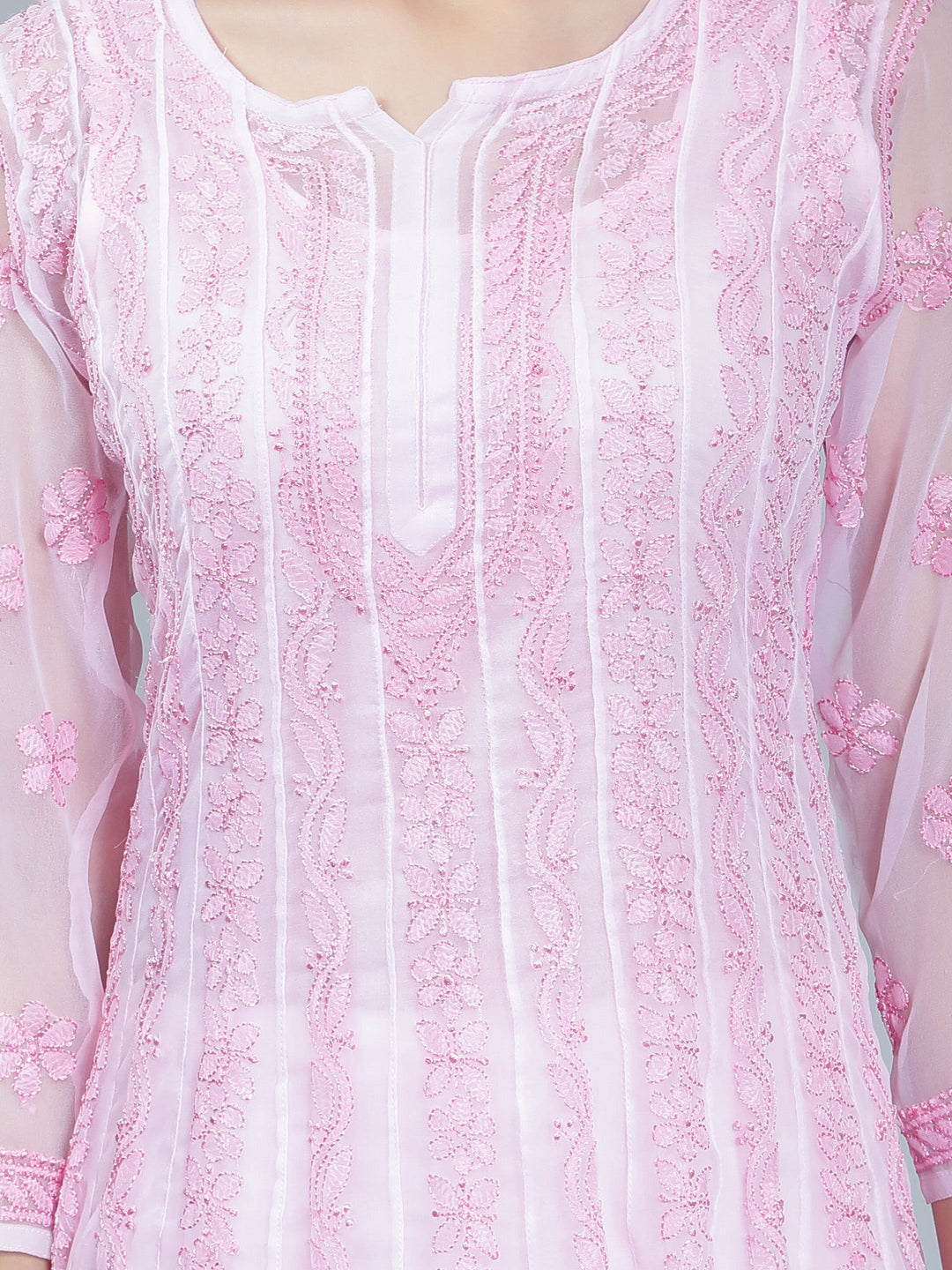 Pink-Georgette-Chikan-Anarkali-Kurta-Only