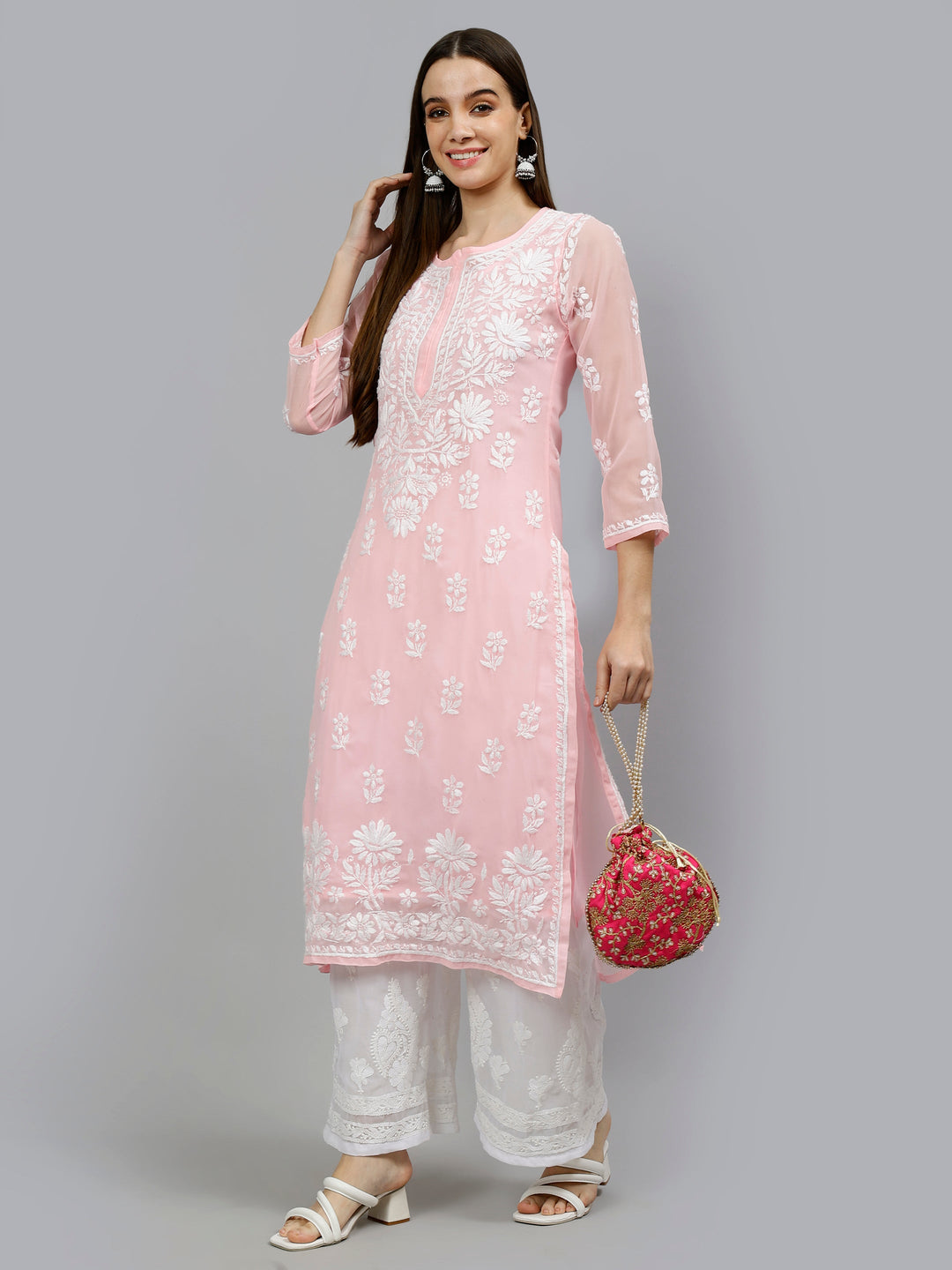 Pink-Georgette-Hand-Embroidered-Chikankari-Kurta-with-Slip
