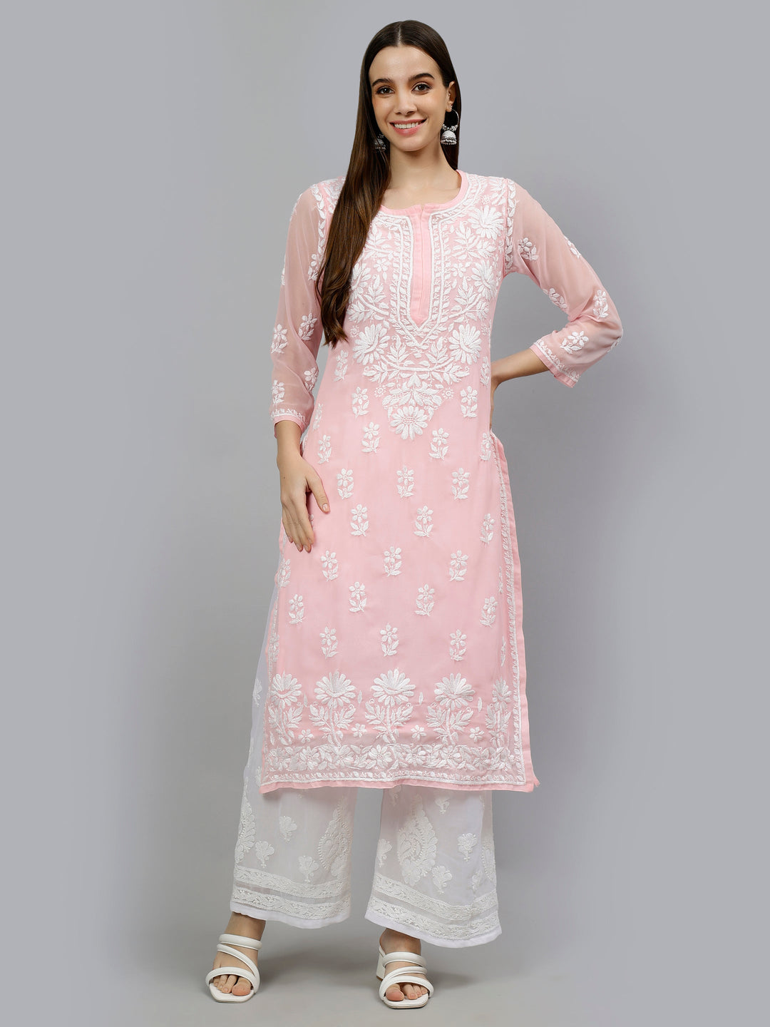 Pink-Georgette-Hand-Embroidered-Chikankari-Kurta-with-Slip
