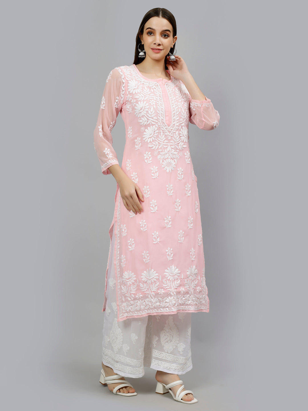 Pink-Georgette-Hand-Embroidered-Chikankari-Kurta-with-Slip