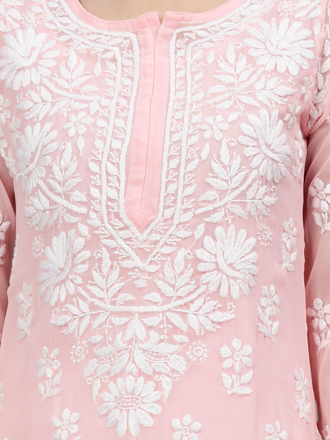Pink-Georgette-Hand-Embroidered-Chikankari-Kurta-with-Slip