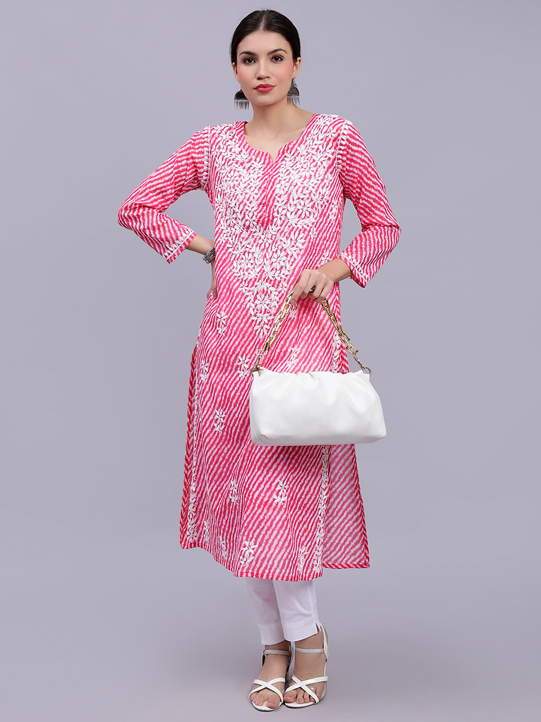 Pink Mul Mul Lucknowi Leheriya Chikankari Kurti