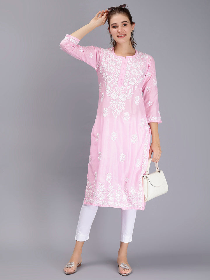 Pink Muslin Handwoven Chikankari Kurti
