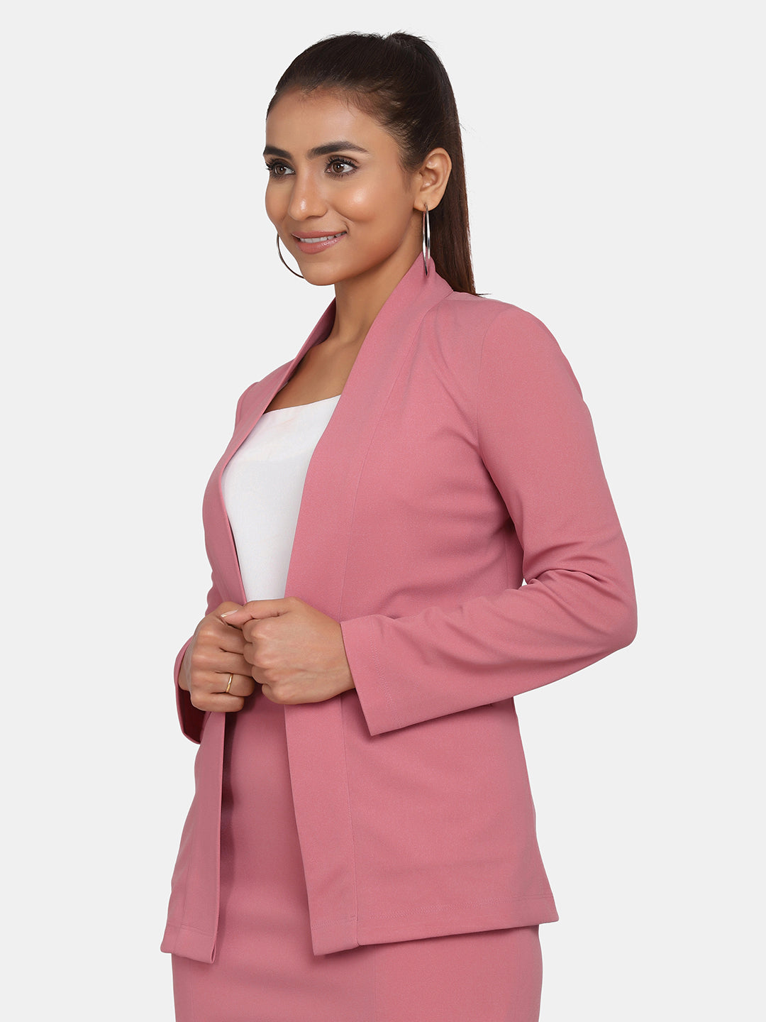 Pink Polyester Lapel Less Stretch Blazer For Women
