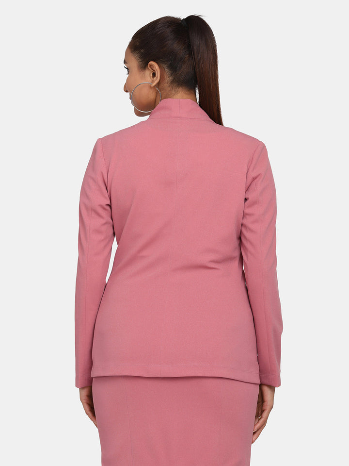 Pink Polyester Lapel Less Stretch Blazer For Women