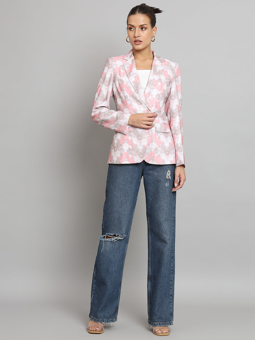 Pink Polyester Printed Notch Collar Blazer
