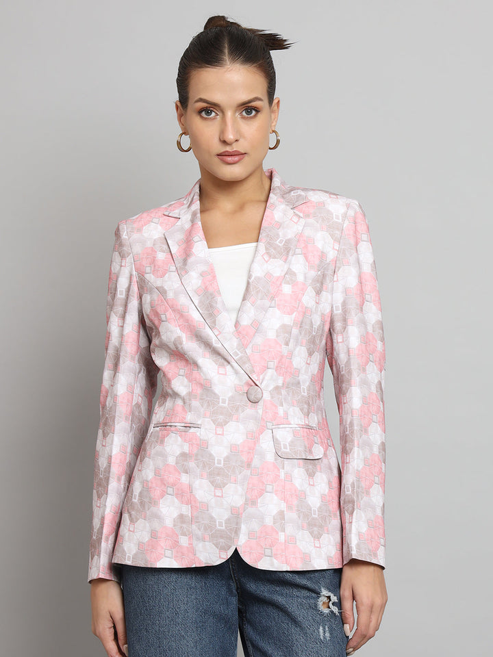 Pink Polyester Printed Notch Collar Blazer