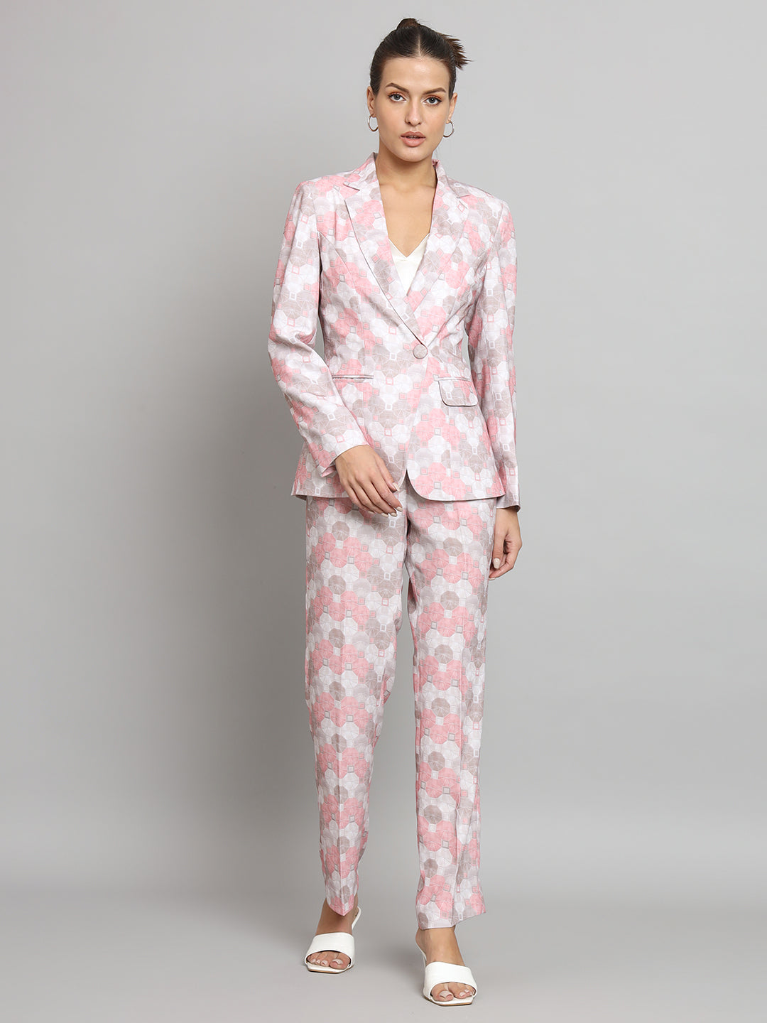 Pink Printed Full Sleeves Blazer & Pant Set