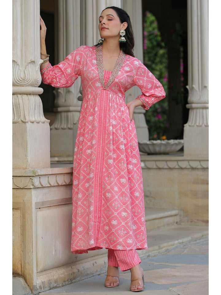 Pink Printed Muslin Kota Anarkali Suit Set