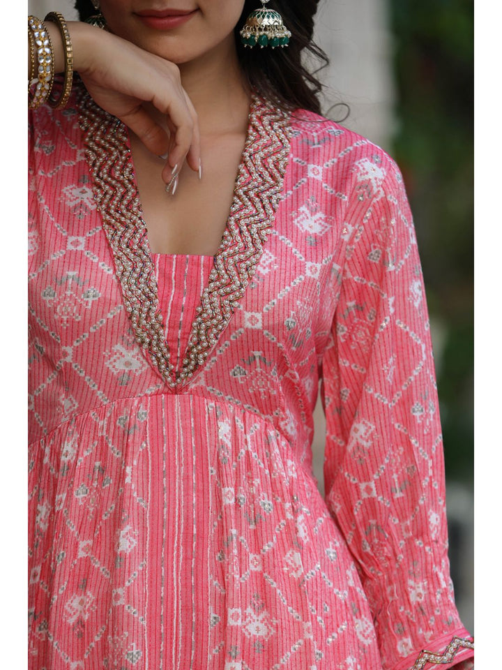 Pink Printed Muslin Kota Anarkali Suit Set