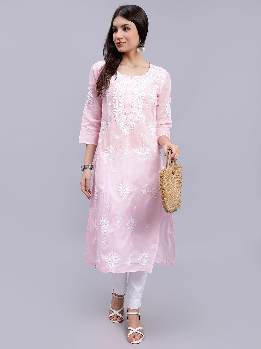 Pink Terivoil Cotton Handwoven Chikankari Kurti