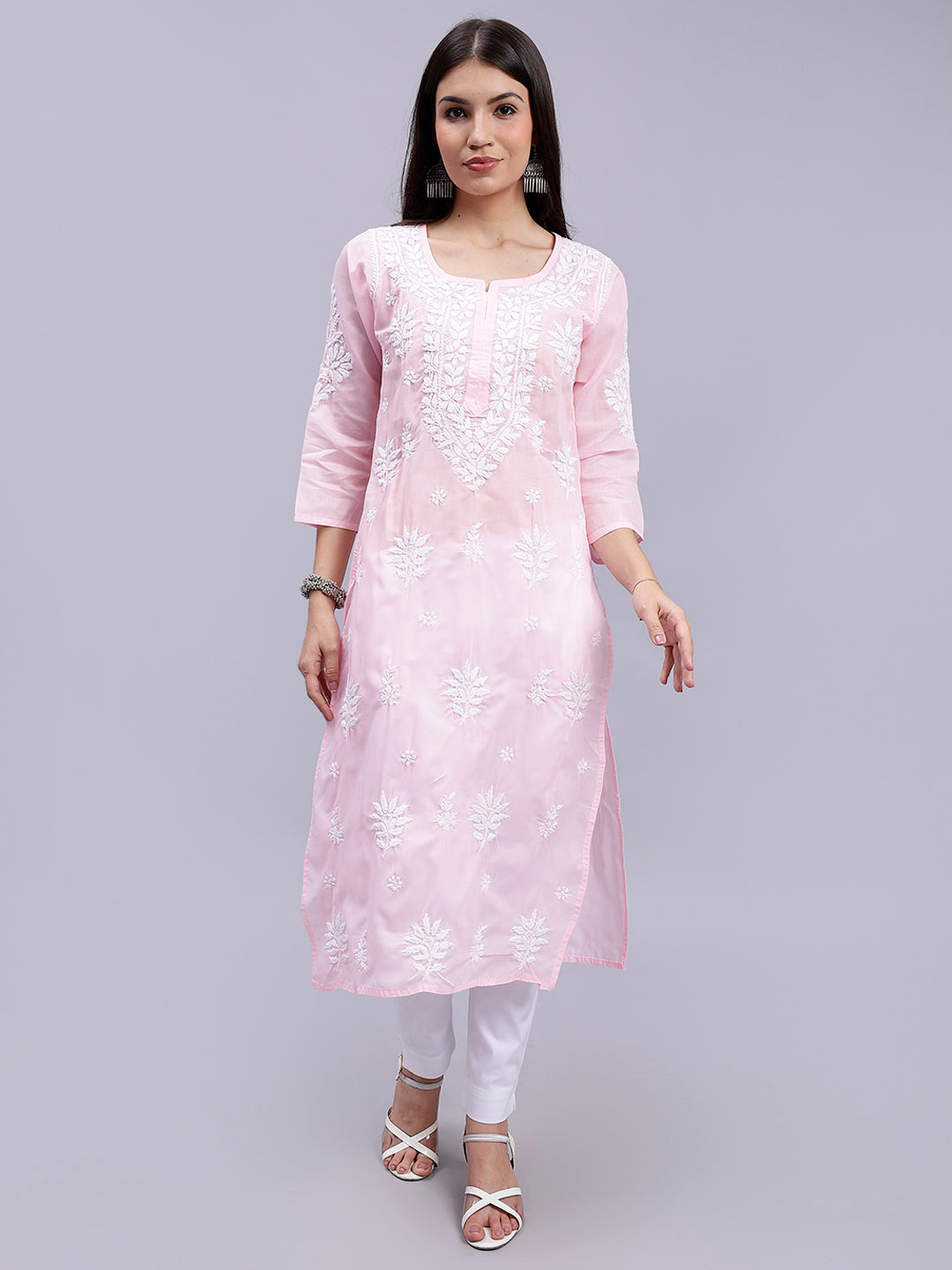 Pink Terivoil Cotton Handwoven Chikankari Kurti