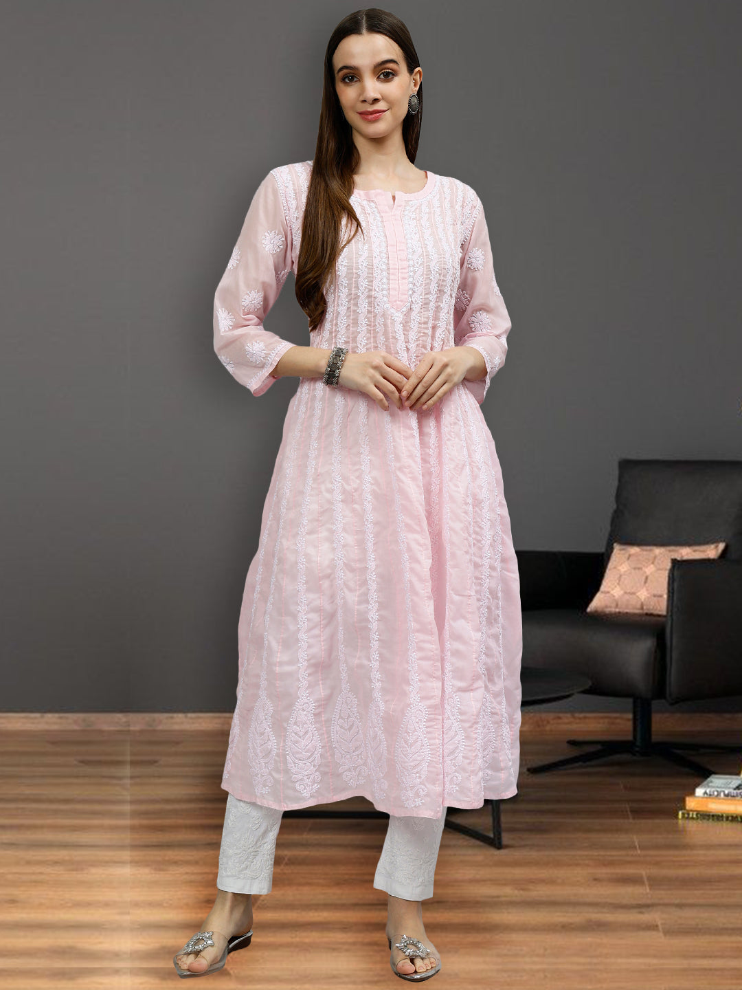 Pink-Terivoil-Hand-Embroidered-Chikankari-Anarkali-Kurti