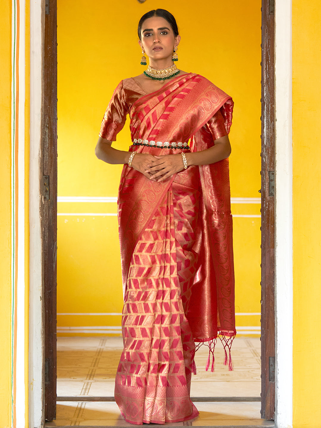 Pink Woven Geometric Design Kanjeevaram Organza Festive Saree