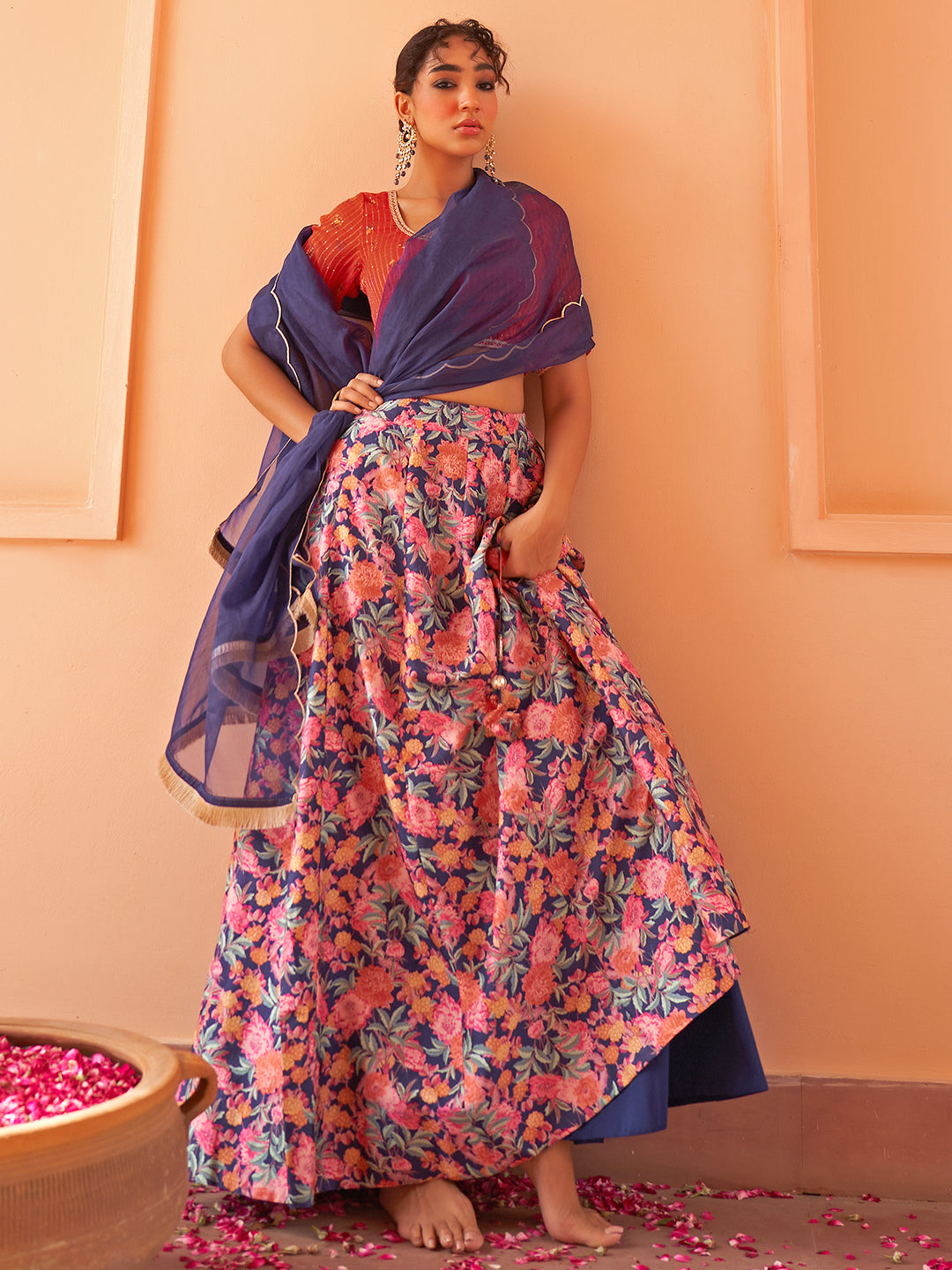 Pink & Blue Georgette Digital Floral Print Lehenga Set