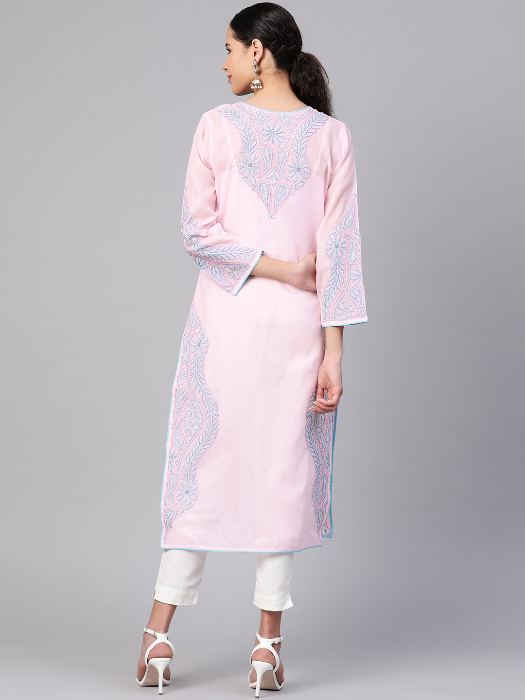Pink & Blue Hand Embroidered Chikankari Cotton Kurta