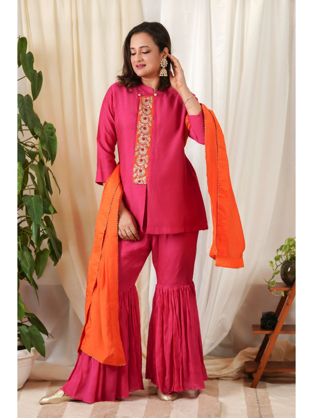 Pink-&-Orange-Chinon-Zardozi-Garara-Suit-Set