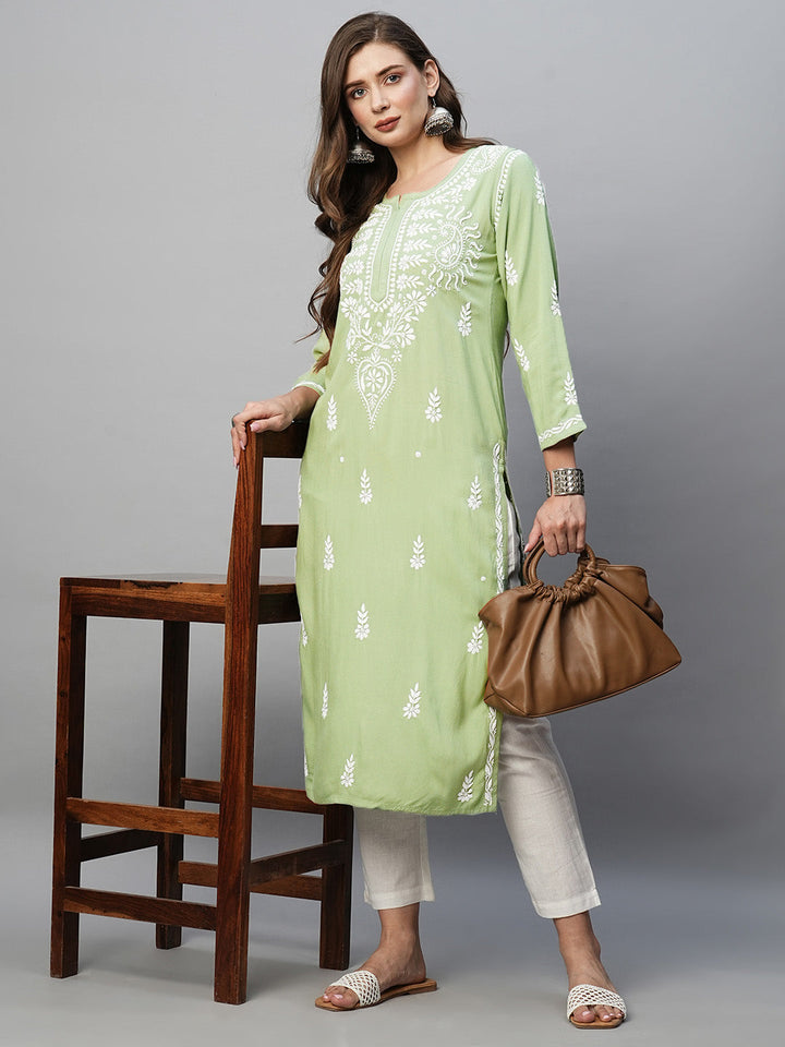 Pista Green & White Rayon Artisan Embroidered Chikankari Kurta