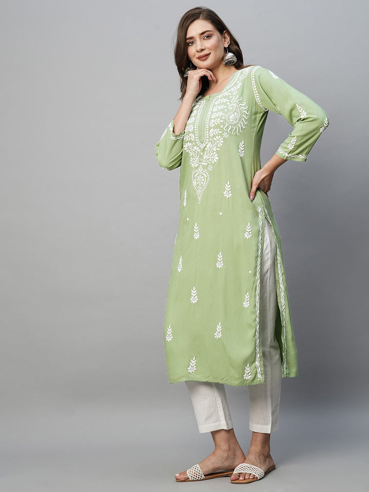 Pista Green & White Rayon Artisan Embroidered Chikankari Kurta