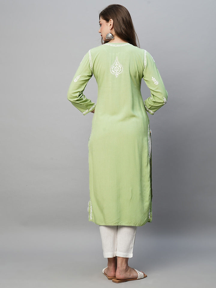 Pista Green & White Rayon Artisan Embroidered Chikankari Kurta