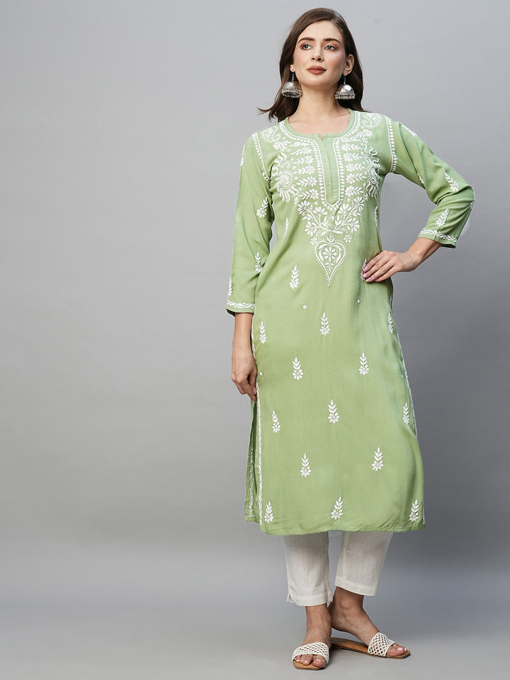 Pista Green & White Rayon Artisan Embroidered Chikankari Kurta