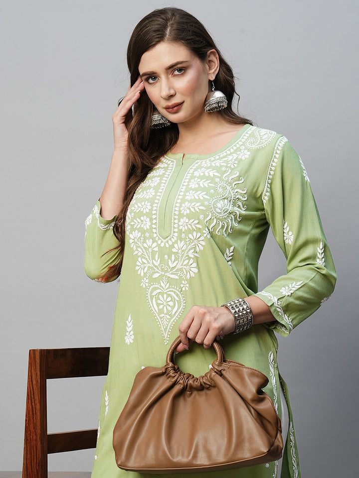 Pista Green & White Rayon Artisan Embroidered Chikankari Kurta