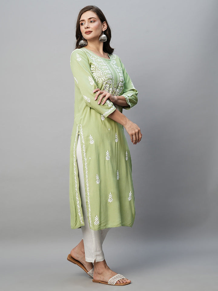 Pista Green & White Rayon Artisan Embroidered Chikankari Kurta