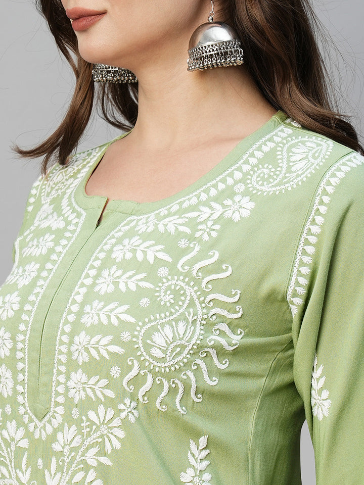 Pista Green & White Rayon Artisan Embroidered Chikankari Kurta