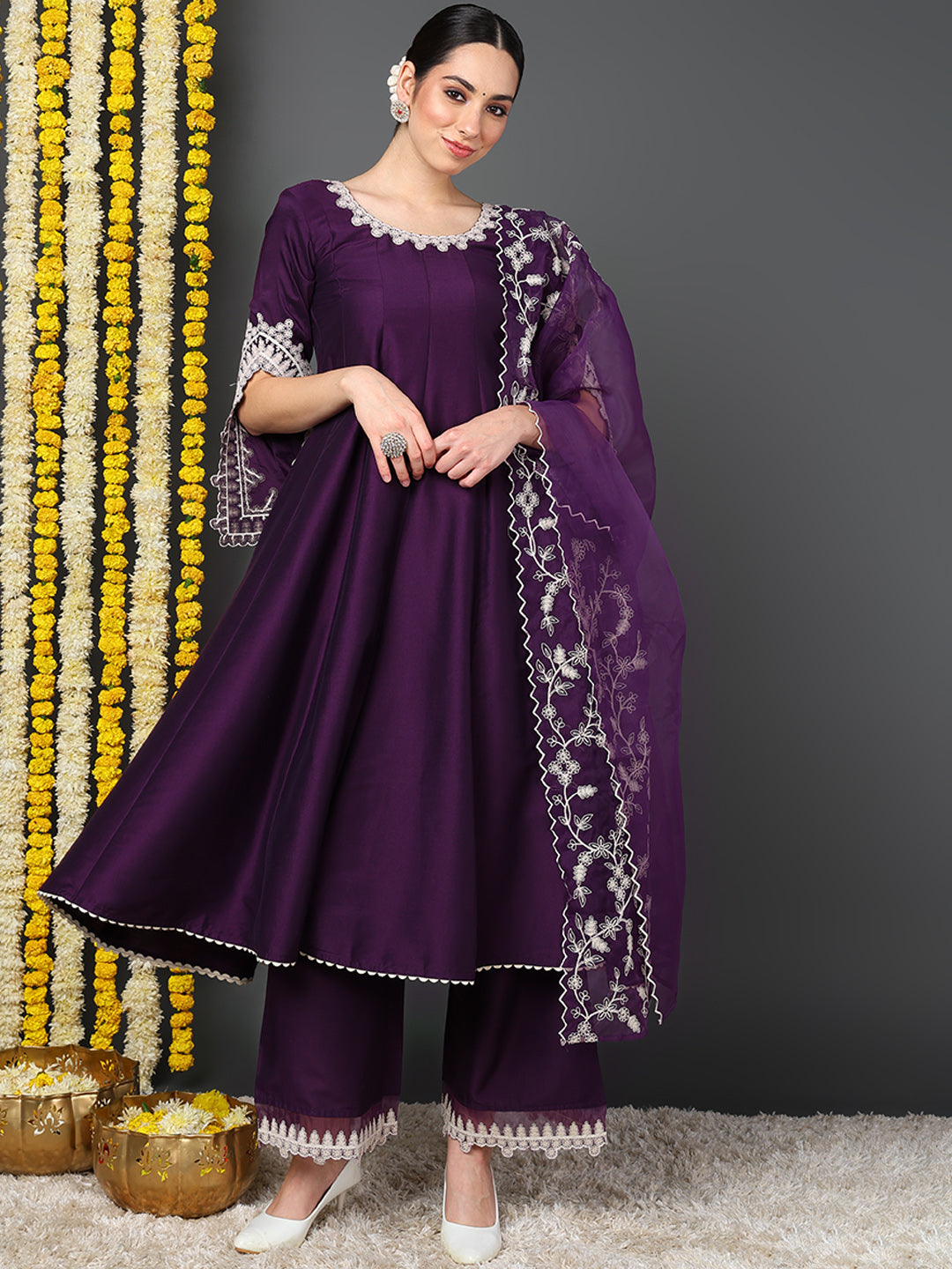 Purple Silk Blend Solid Embroidered Flared Kurta Trouser With