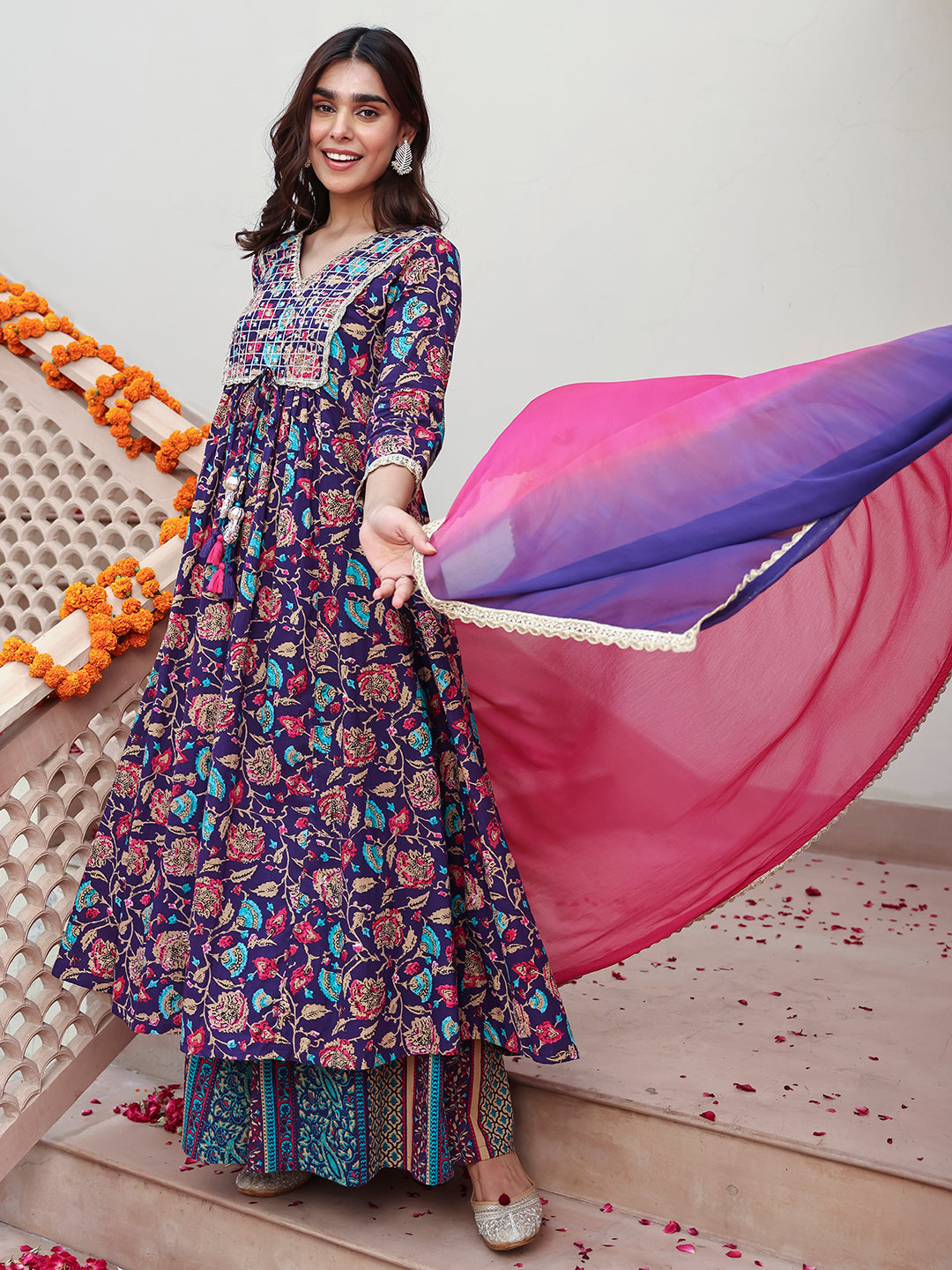 Purple & Pink Cotton Ethnic Printed Palazzo Suit Set