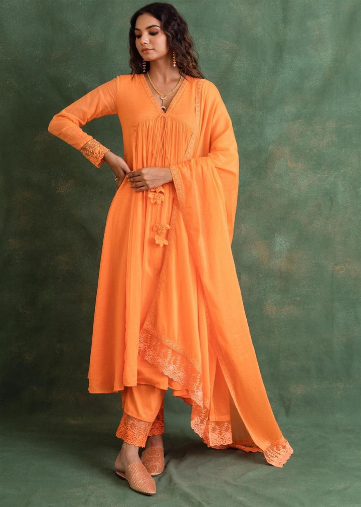 Rangrezee Candy Orange Anarkali Set (Set Of 3)