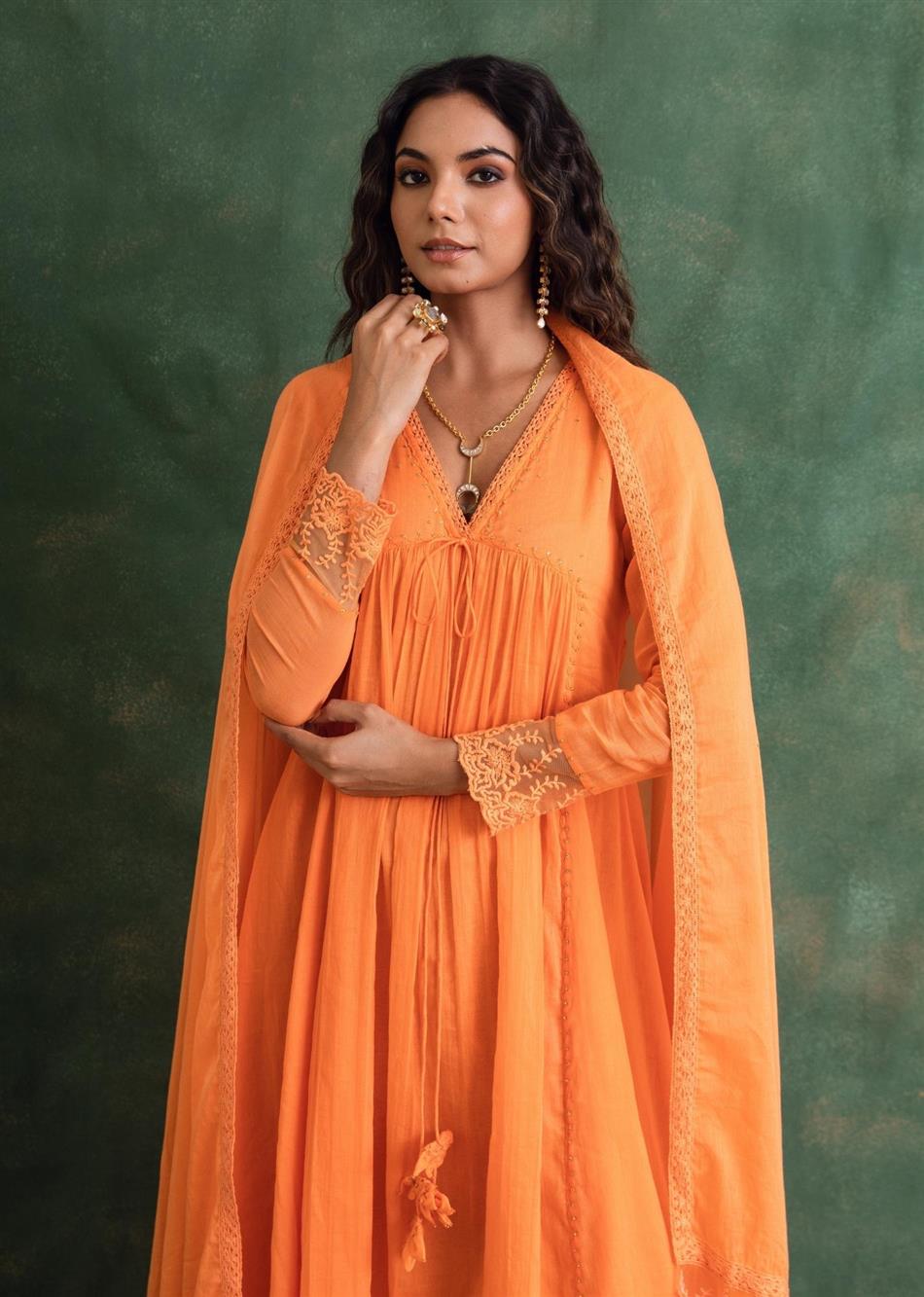 Rangrezee Candy Orange Anarkali Set (Set Of 3)